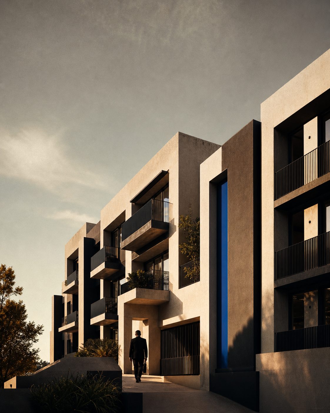 Modernist residential portfolio, exterior of a rental block at golden hour